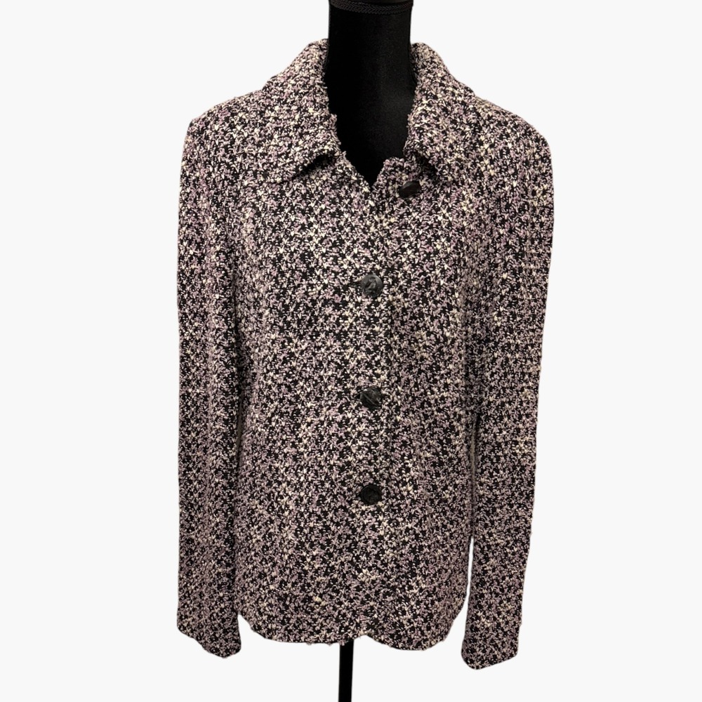 St. John Knit Jacket Womens 14 Purple Black Textured Button Front USA Made